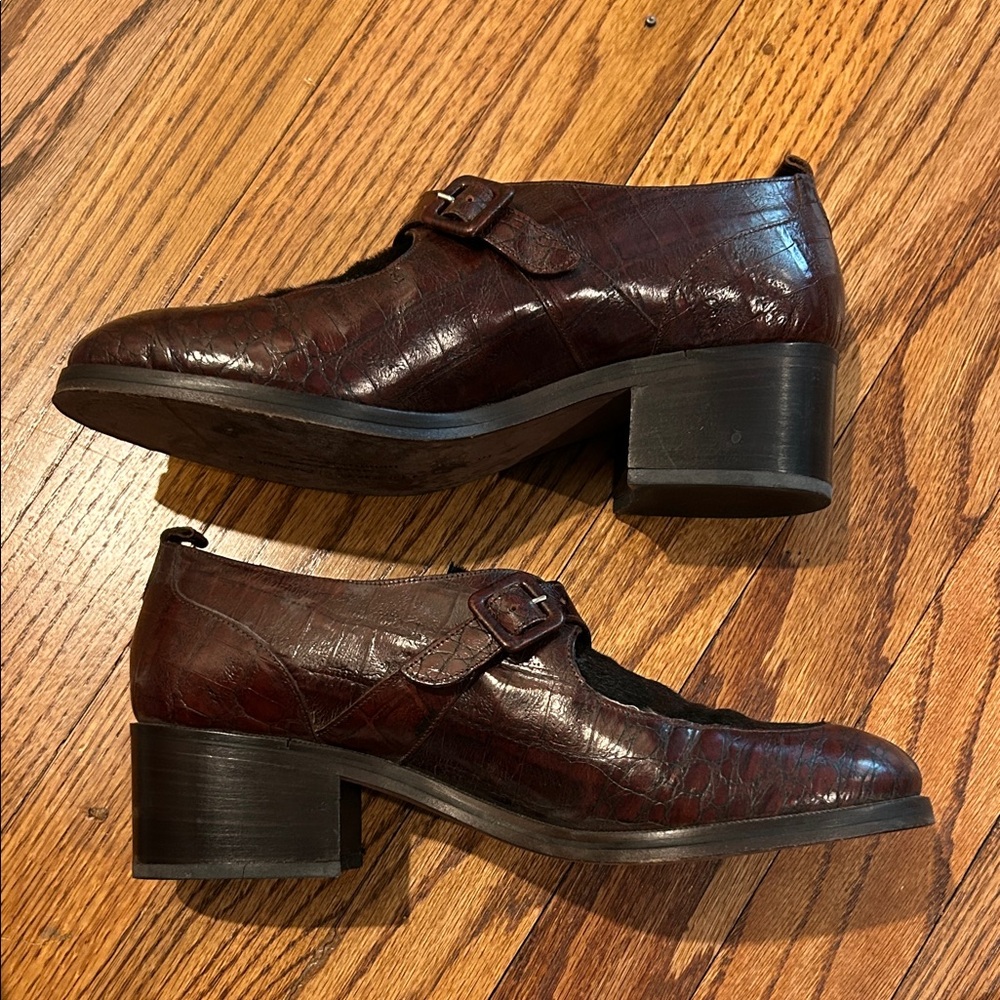 Donald J. Pliner Dark Brown Croc-Embossed Mary Janes